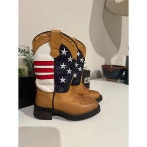 Kids j b dillon Cowboy Boots American Flag Stars  Square Toe Western Size 8.5